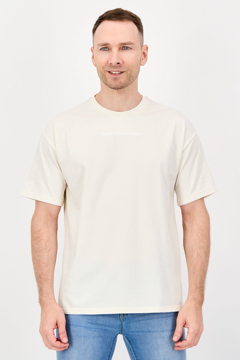 Fudo Men Crew Neck Brand Logo Short Sleeve T-Shirt, Warm Ivory - Image 1